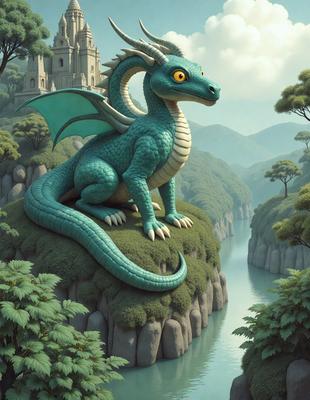 Primary subject: A large, blue, green, and white dragon sitting on a hill.

Setting/background: The dragon is sitting on a hill with a forest in the background.

Visual style: The image is a digital art illustration.

Colors and mood: The dragon has a blue and green color scheme, and the overall atmosphere is serene and majestic.